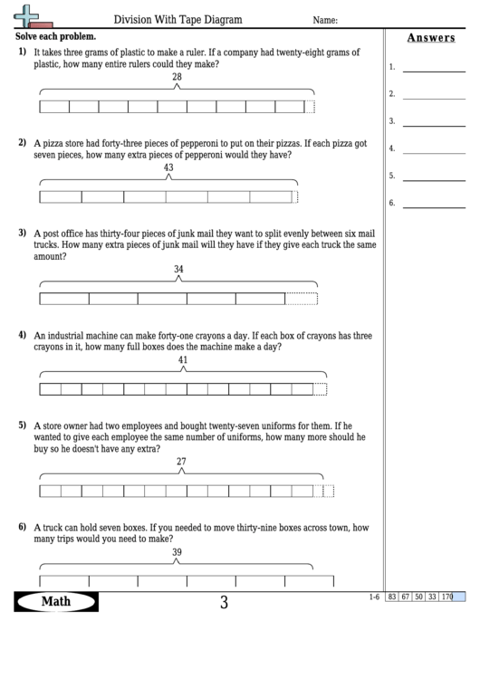 Division With Tape Diagram Worksheet Template With Answer Key Printable pdf