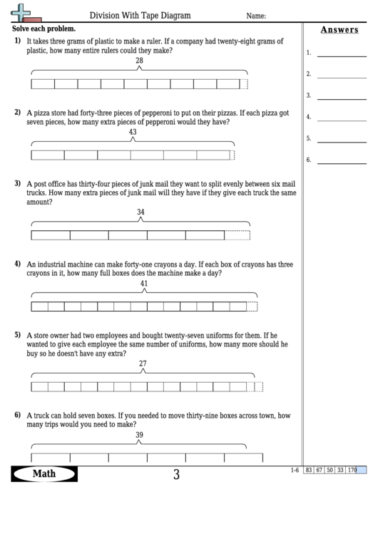 Division With Tape Diagram Worksheet Template With Answer Key printable ...