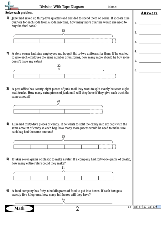 Division With Tape Diagram Worksheet Template With Answer Key printable ...