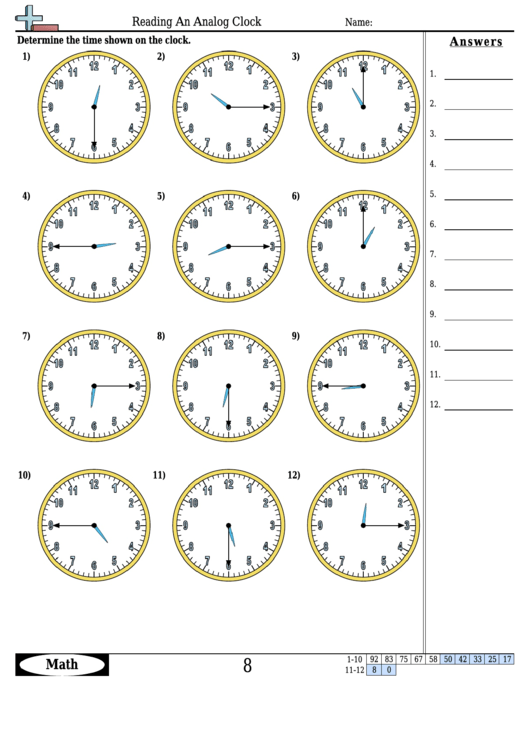 Reading An Analog Clock Worksheet Template With Answer Key Printable pdf