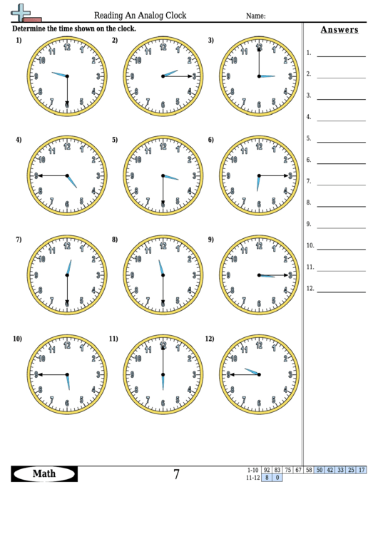 Reading An Analog Clock Worksheet Template With Answer Key Printable pdf