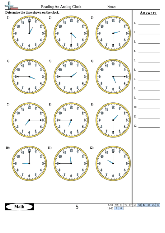 Reading An Analog Clock Worksheet Template With Answer Key Printable pdf