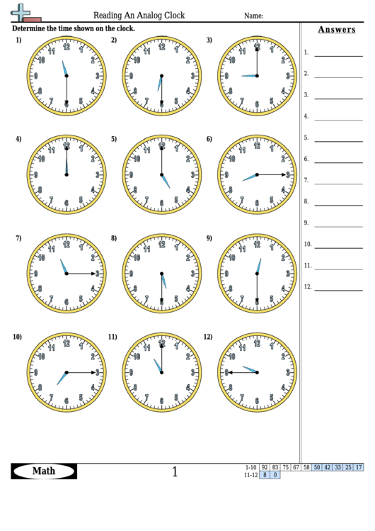 Reading An Analog Clock Worksheet Template With Answer Key Printable pdf