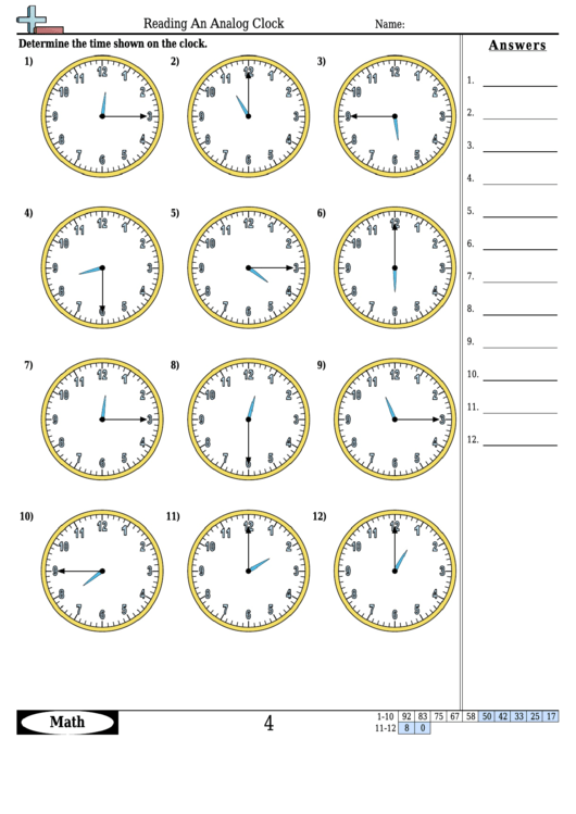 Reading An Analog Clock Worksheet Template With Answer Key