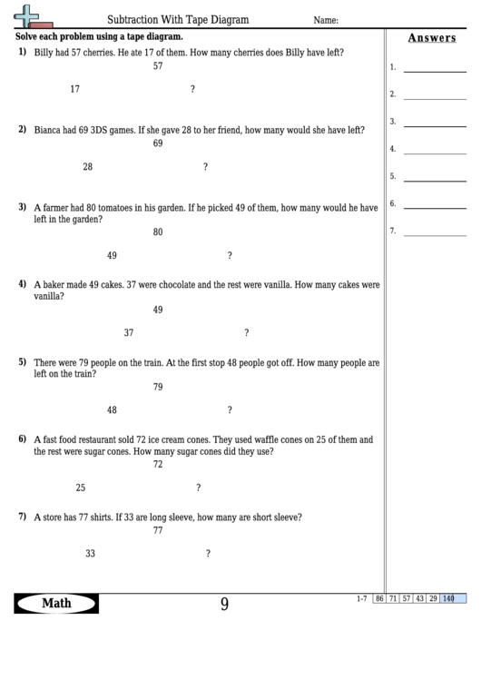 Subtraction With Tape Diagram Worksheet Template With Answer Key ...