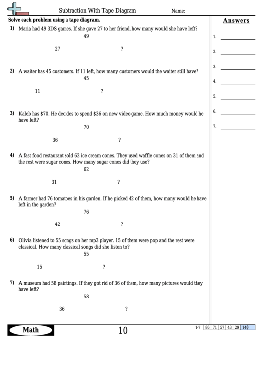 Subtraction With Tape Diagram Worksheet Template With Answer Key ...