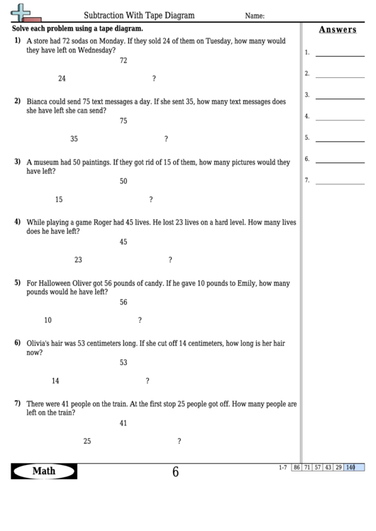 Subtraction With Tape Diagram Worksheet Template With Answer Key Printable pdf