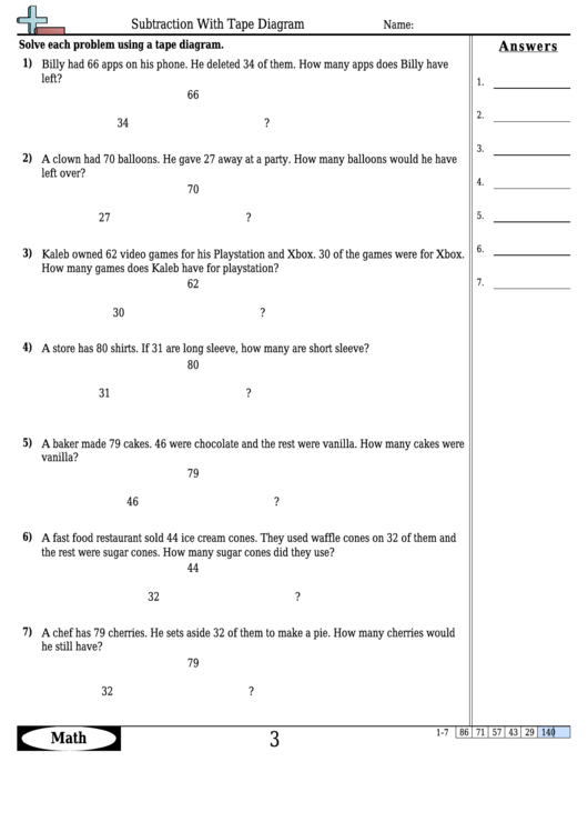 Subtraction With Tape Diagram Worksheet Template With Answer Key ...