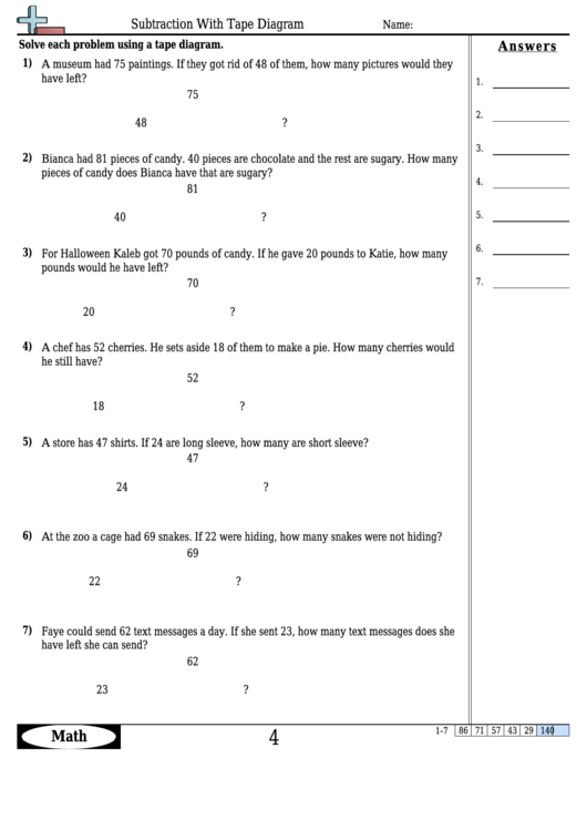 Subtraction With Tape Diagram Worksheet Template With Answer Key ...