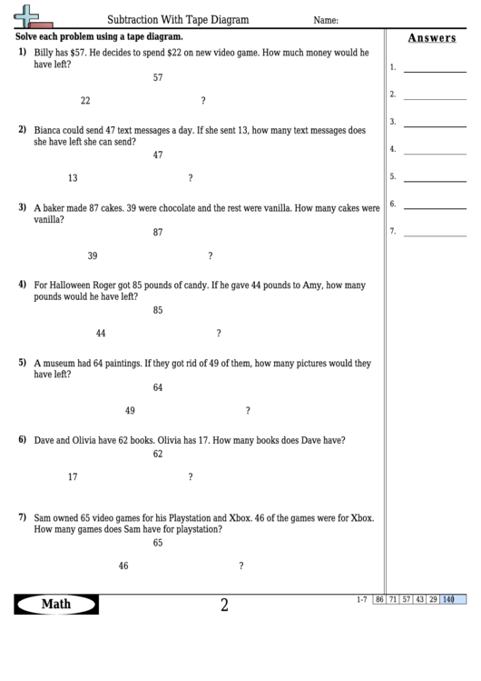 Subtraction With Tape Diagram Worksheet Template With Answer Key ...