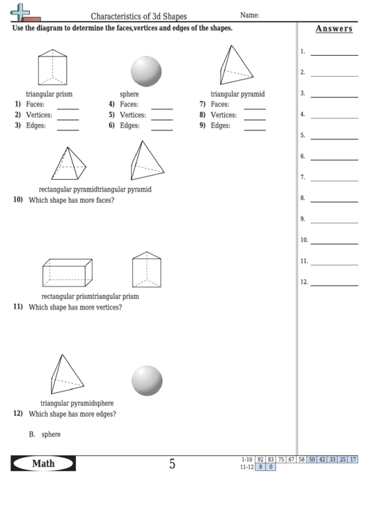 Characteristics Of 3d Shapes Worksheet With Answer Key Printable pdf
