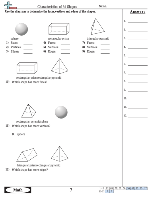 Characteristics Of 3d Shapes Worksheet With Answer Key Printable pdf