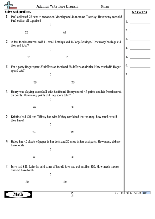 Addition With Tape Diagram Worksheet Template With Answer Key