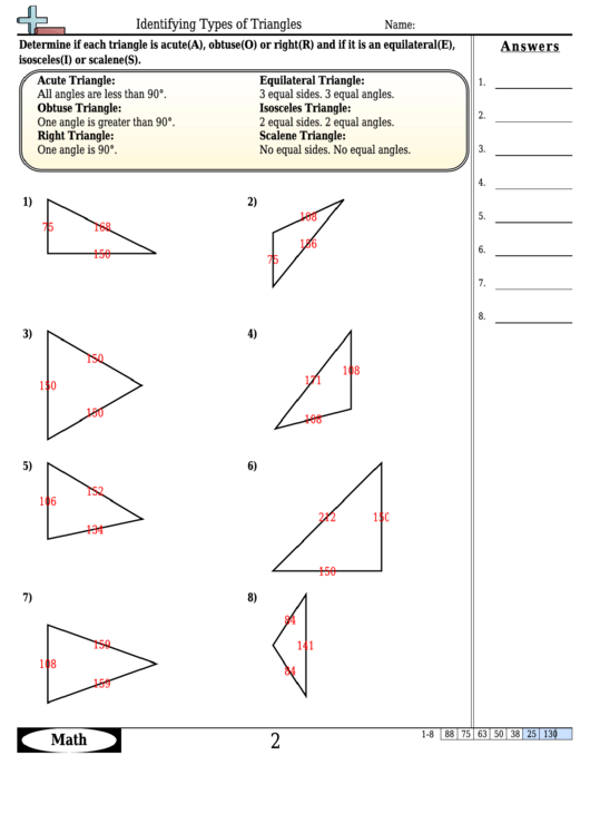 Identifying Types Of Triangles Worksheet Template With Answer Key Printable pdf