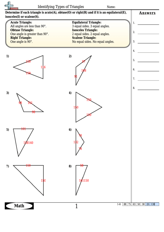 Identifying Types Of Triangles Worksheet Template With Answer Key Printable pdf