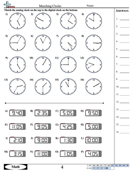 Matching Clocks Worksheet Template With Answer Key Printable pdf