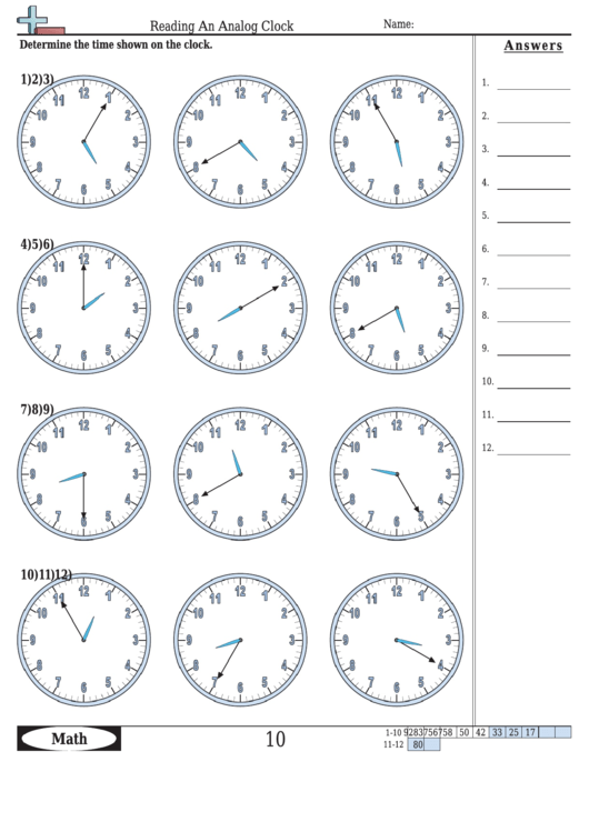 Reading An Analog Clock Worksheet Template With Answer Key Printable pdf