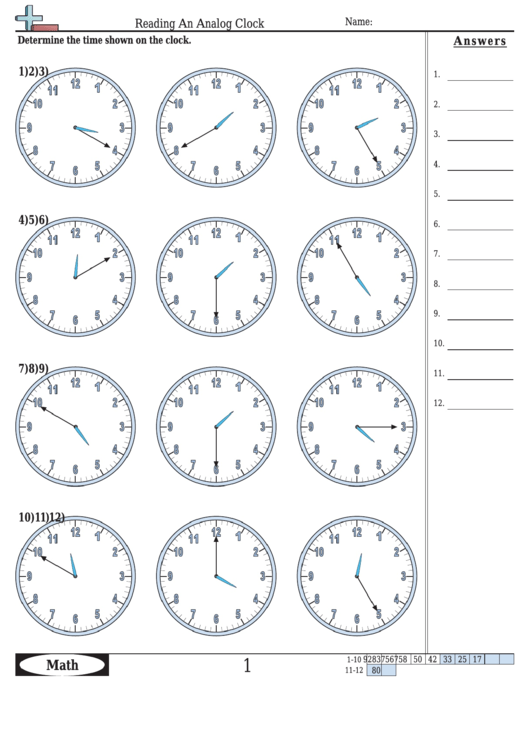 Reading An Analog Clock Worksheet Template With Answer Key Printable pdf