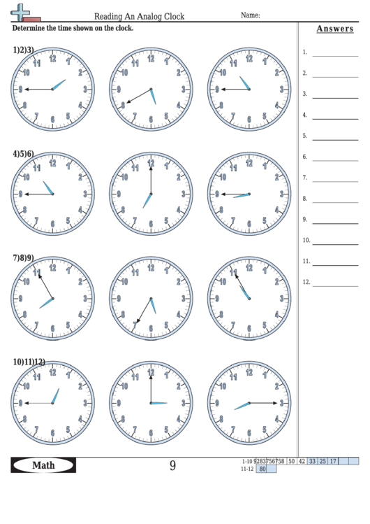 Reading An Analog Clock Worksheet Template With Answer Key Printable pdf