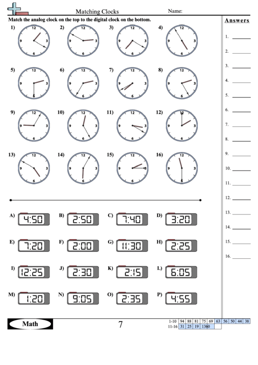 Matching Clocks Worksheet Template With Answer Key Printable pdf