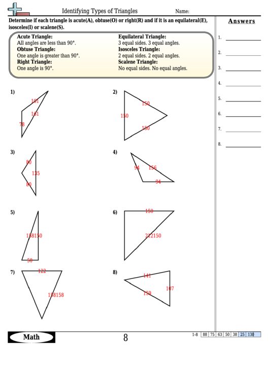 Identifying Types Of Triangles Worksheet Template With Answer Key Printable pdf