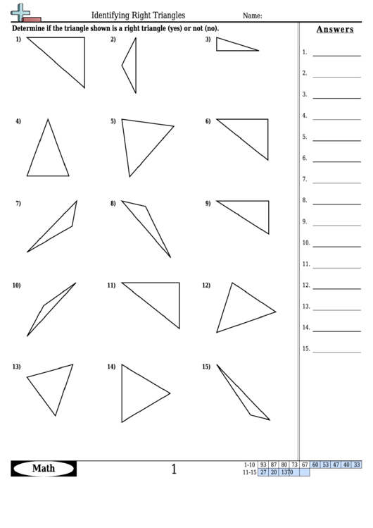 Identifying Right Triangles Worksheet Template With Answer Key Printable pdf