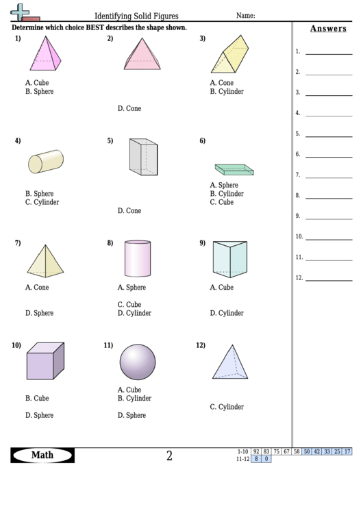 identifying solid figures worksheet template with answer key printable