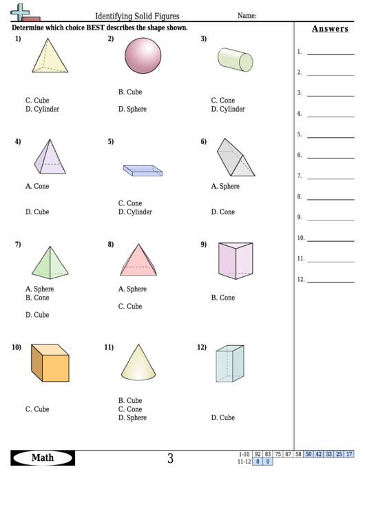 identifying solid figures worksheet template with answer key printable