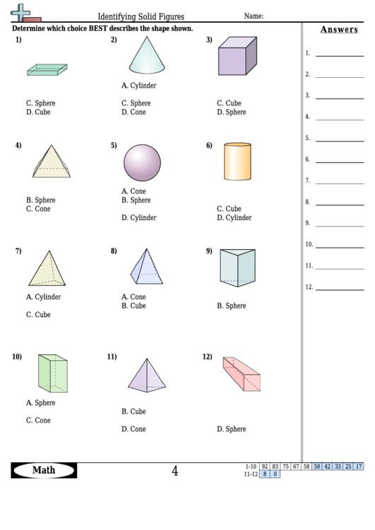 Identifying Solid Figures Worksheet Template With Answer Key Printable pdf