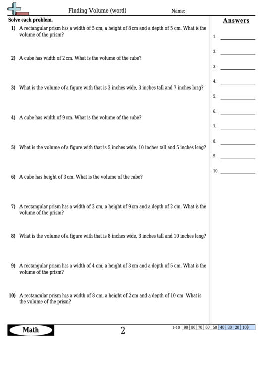Finding Volume (Word) Math Worksheet With Answers Printable pdf