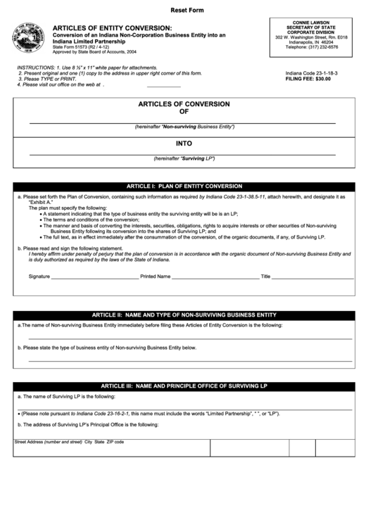 Fillable Form 51573 - Articles Of Entity Conversion - Indiana Secretary Of State - 2012 Printable pdf