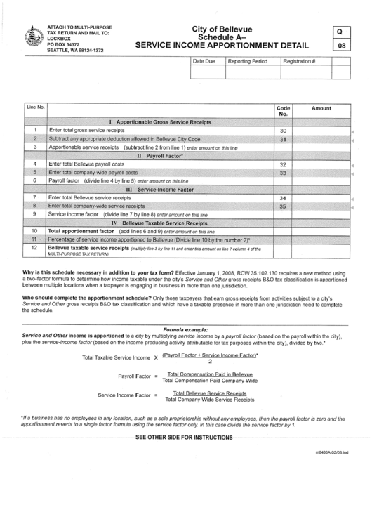 Shcedule A - Service Income Apportionment Detail - City Of Bellevue, Washington Printable pdf