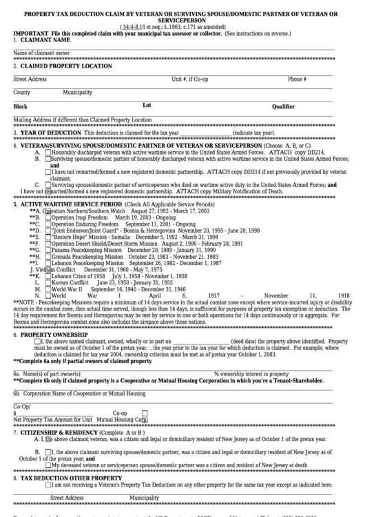 Fillable Form Vss - Property Tax Deduction By Veteran Or Surviving Spouse Of Veteran Or Serviceperson Printable pdf