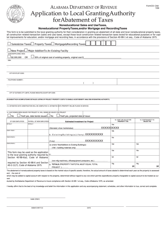 Fillable Form Co: Caa - Application To Local Granting Authority For Abatement Of Taxes Printable pdf