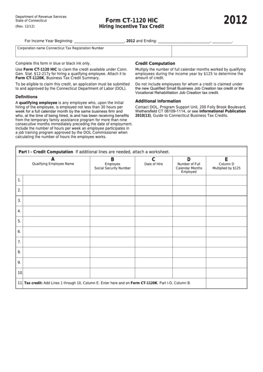 Form Ct-1120 Hic - Hiring Incentive Tax Credit - 2012 Printable pdf