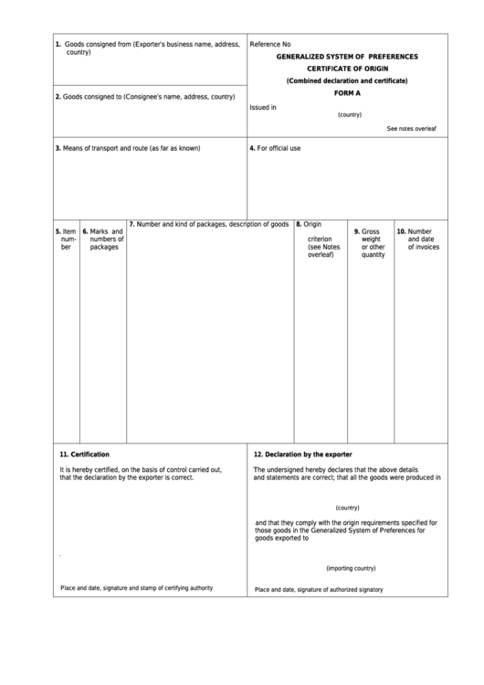 Form A - Generalized System Of Preferences - Certificate Of Origin Printable pdf