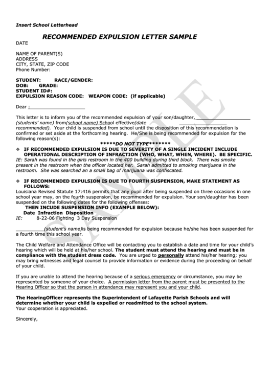 Recommended Expulsion Letter Sample Template Printable pdf