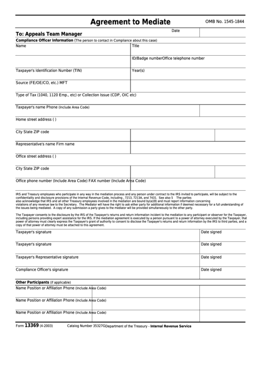 Fillable Form 13369 - Agreement To Mediate Printable pdf