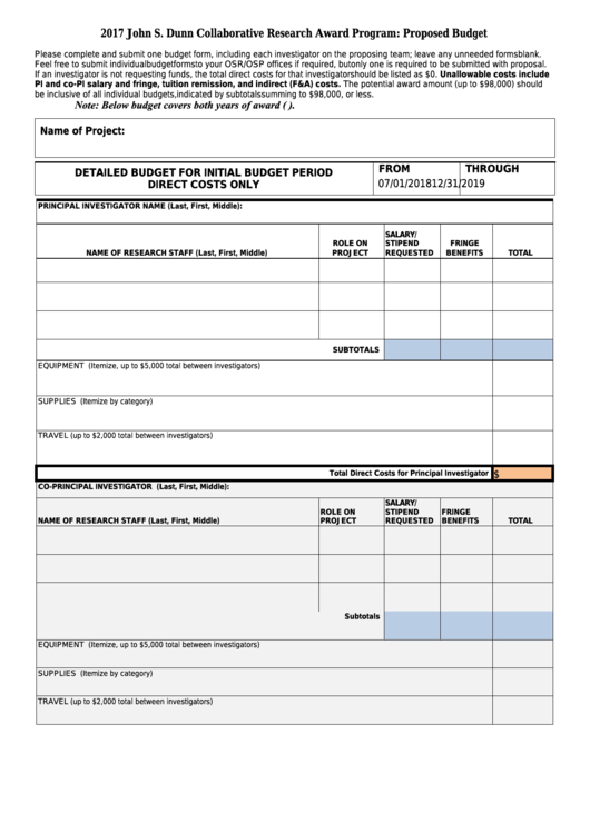 Fillable Form Phs 398 - Detailed Budget For Initial Budget Period - Direct Costs Only - 2017 Printable pdf