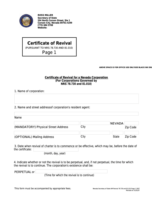 Certificate Of Revival For A Nevada Corporation