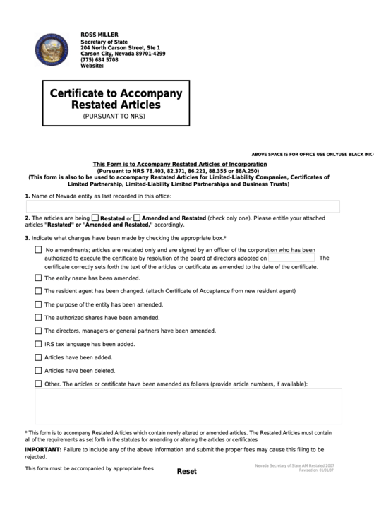 Fillable Certificate To Accompany Restated Articles Printable pdf