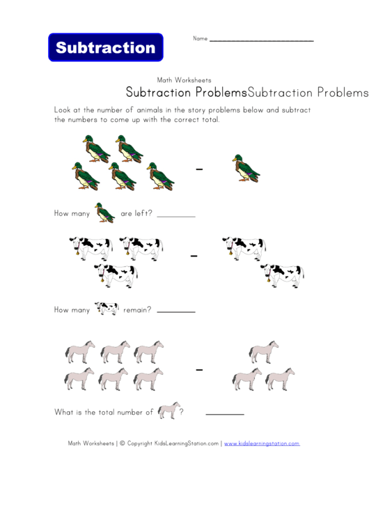 Subtraction Problems Worksheet Printable pdf