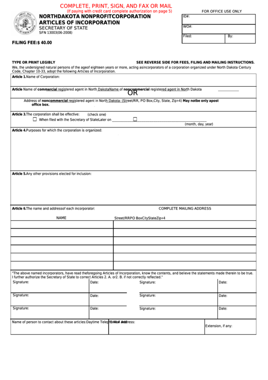 Fillable Form Sfn 13003 - North Dakota Nonprofit Corporation Articles Of Incorporation Printable pdf