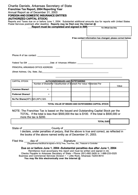 Foreign And Domestic Insurance Entities Franchise Tax Report - 2004 ...