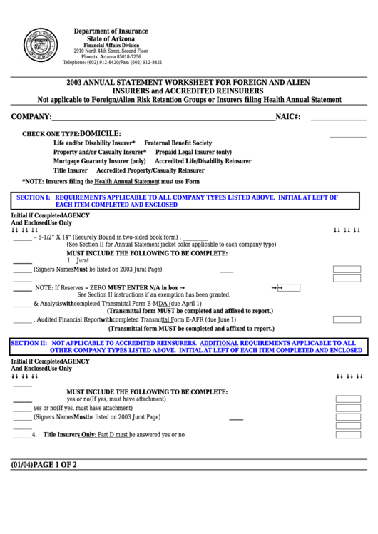 Annual Statement Worksheet For Foreign And Alien Insurers And Accredited Reinsurers - Arizona Department Of Insurance - 2003 Printable pdf