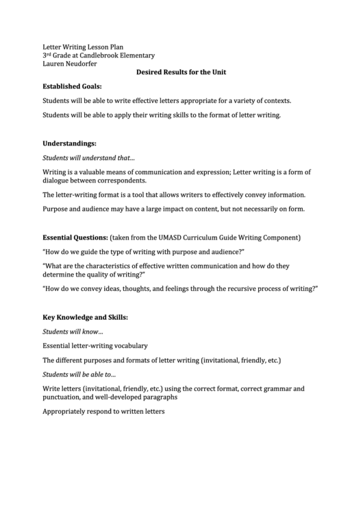 Grade 3 Letter Writing Lesson Plan Template Printable pdf