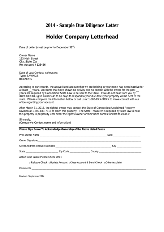 Sample Due Diligence Letter Template - 2014 Printable pdf