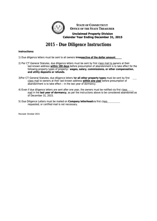 Instructions For Due Diligence Letter - 2015 Printable pdf