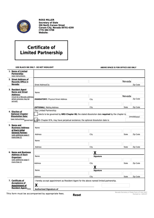 Fillable Form Lp - Certificate Of Limited Partnership Printable pdf