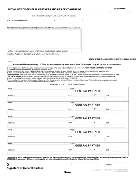 Fillable Form Lp/lllp - Initial List Of General Partners And Resident Agent Printable pdf